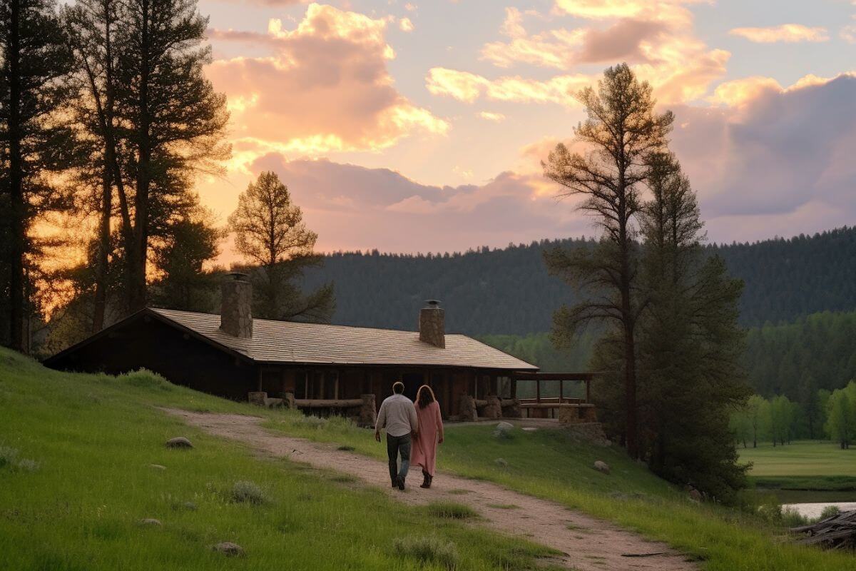 A couple heads toward their cabin in Montana after enjoying a romantic walk.
