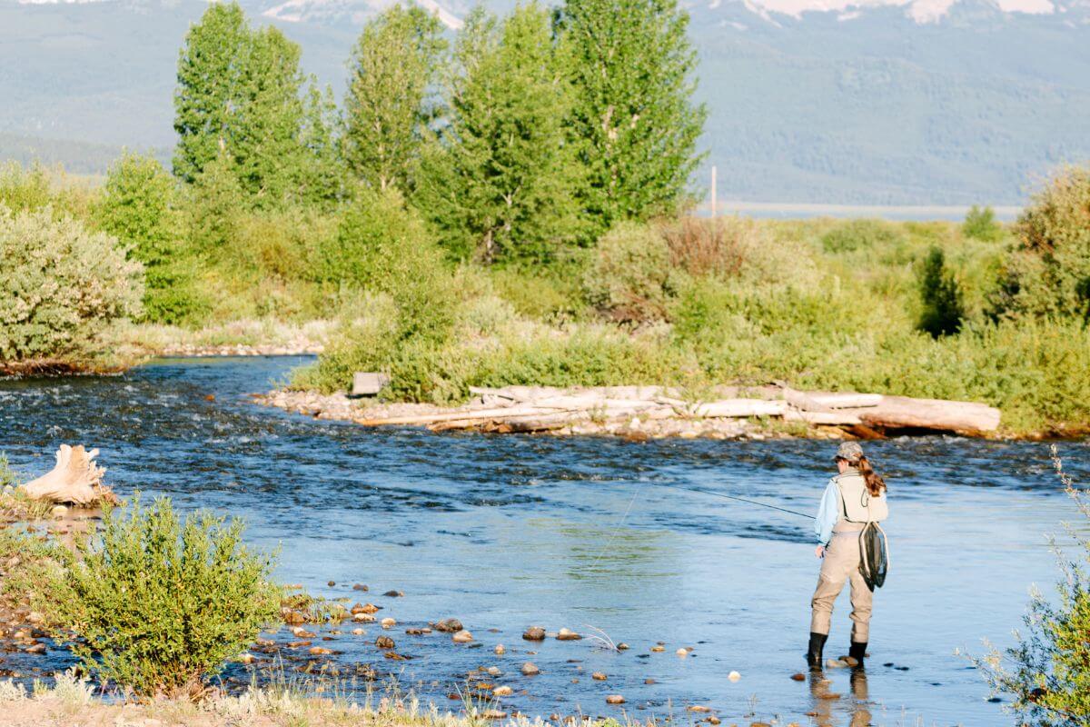 A woman is fishing in a river with mountains in the background in Montana.