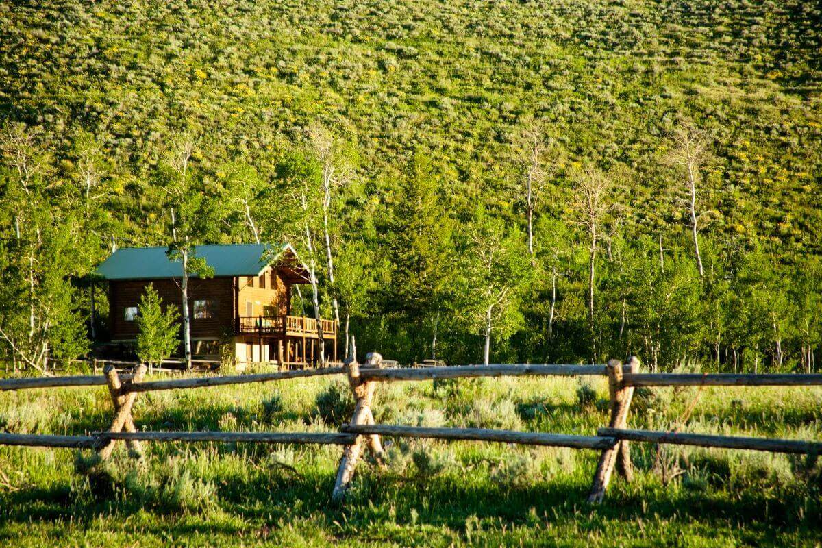 A two-story cabin sits amid lush greenery in Montana.