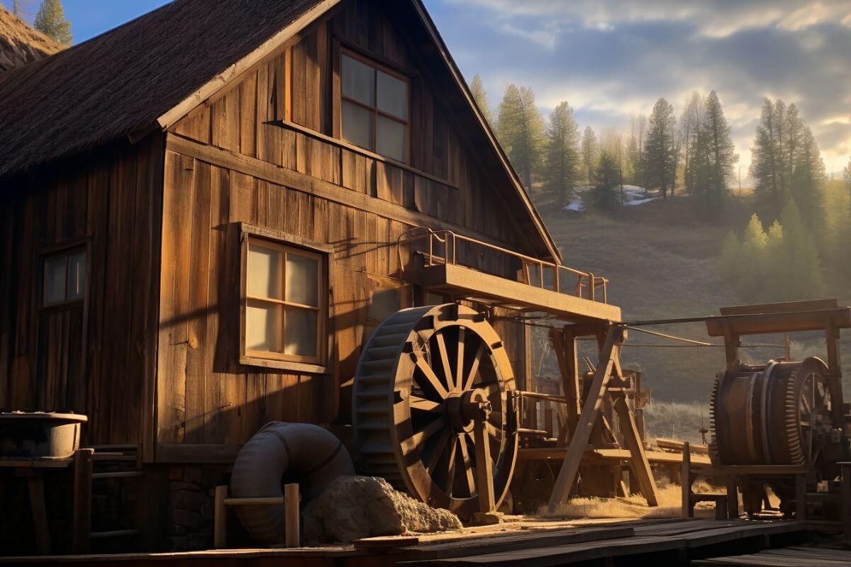 A wooden house with a water wheel offers a tranquil getaway experience in Montana.