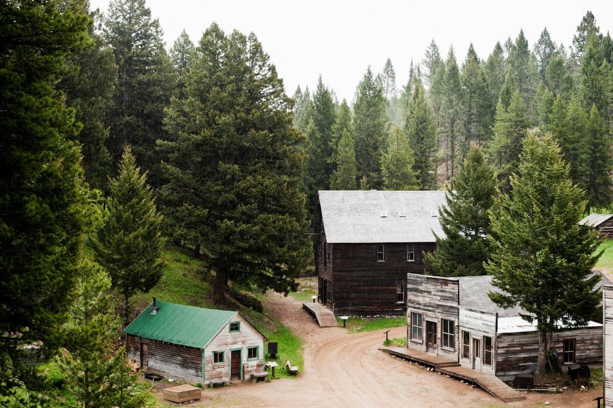 Garnet Ghost Town in Montana, surrounded by trees and a dirt road.