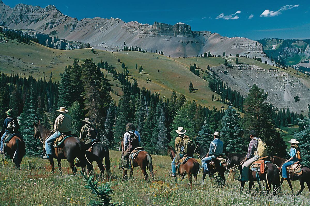 A group of hunters on horseback in the Montana mountains hunting elk.