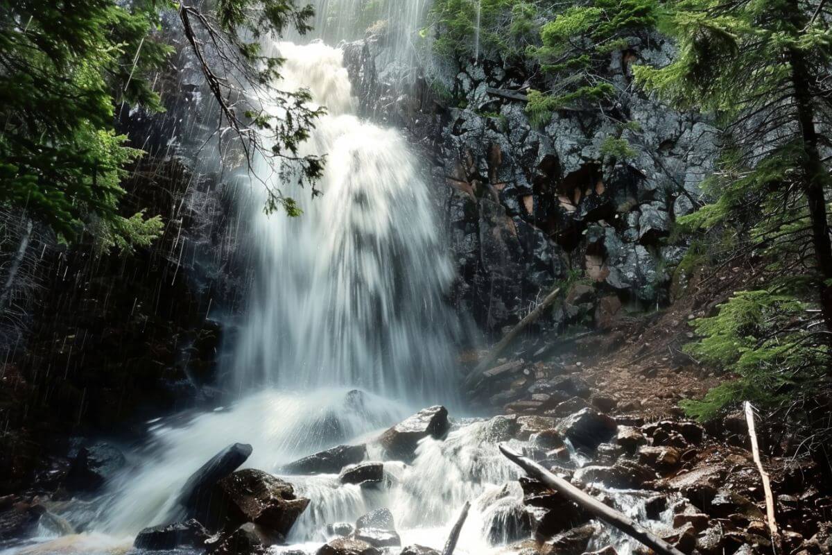 Memorial Falls cascades over rugged cliffs, surrounded by lush Montana forest and enveloped in misty spray.