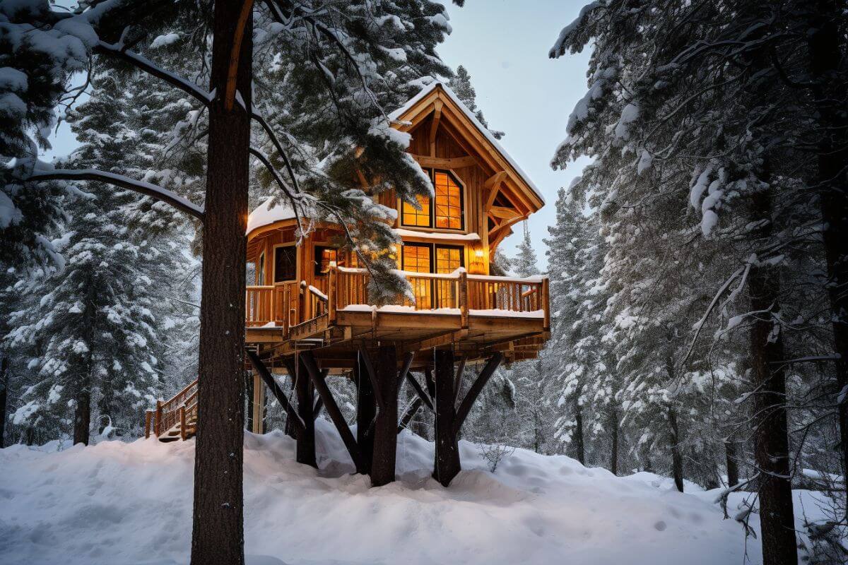 A tree house in the snowy Montana forest.