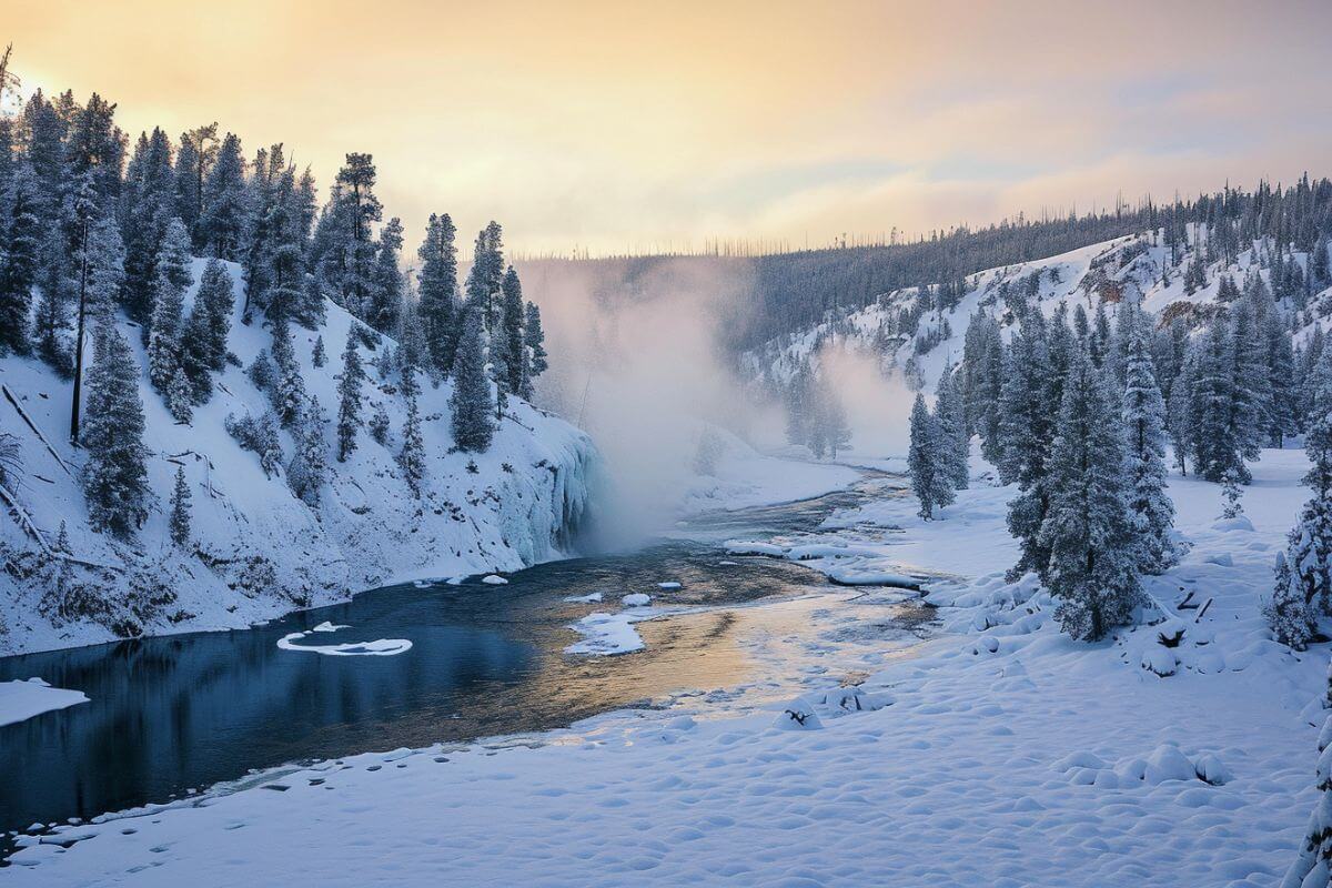 A winter scene in Montana with snow-covered trees and a river.