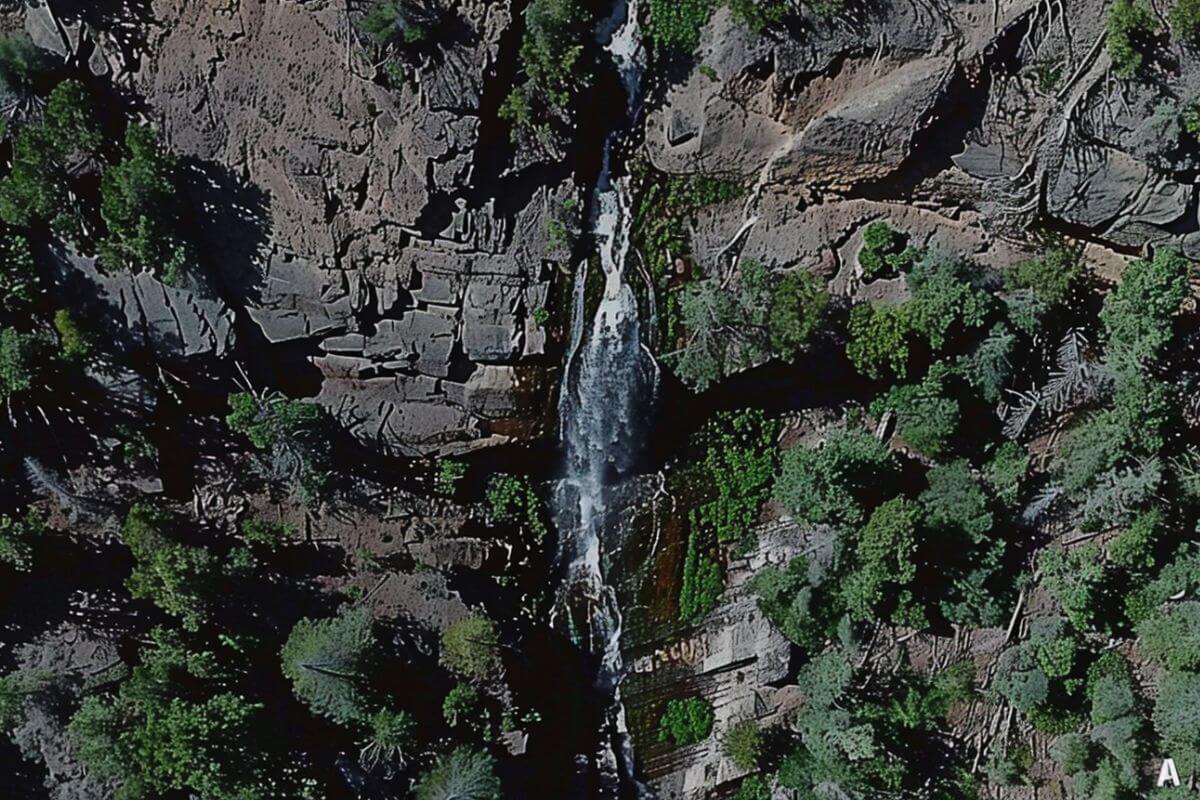 An aerial view of Mud Creek Waterfall as it tumbles down rugged cliffs, surrounded by dense green vegetation in Montana.