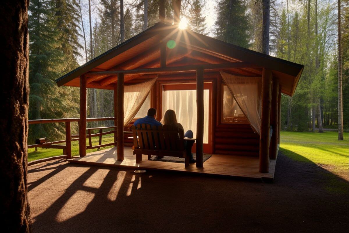 A couple sits on a bench on their cabin porch during their Montana honeymoon.