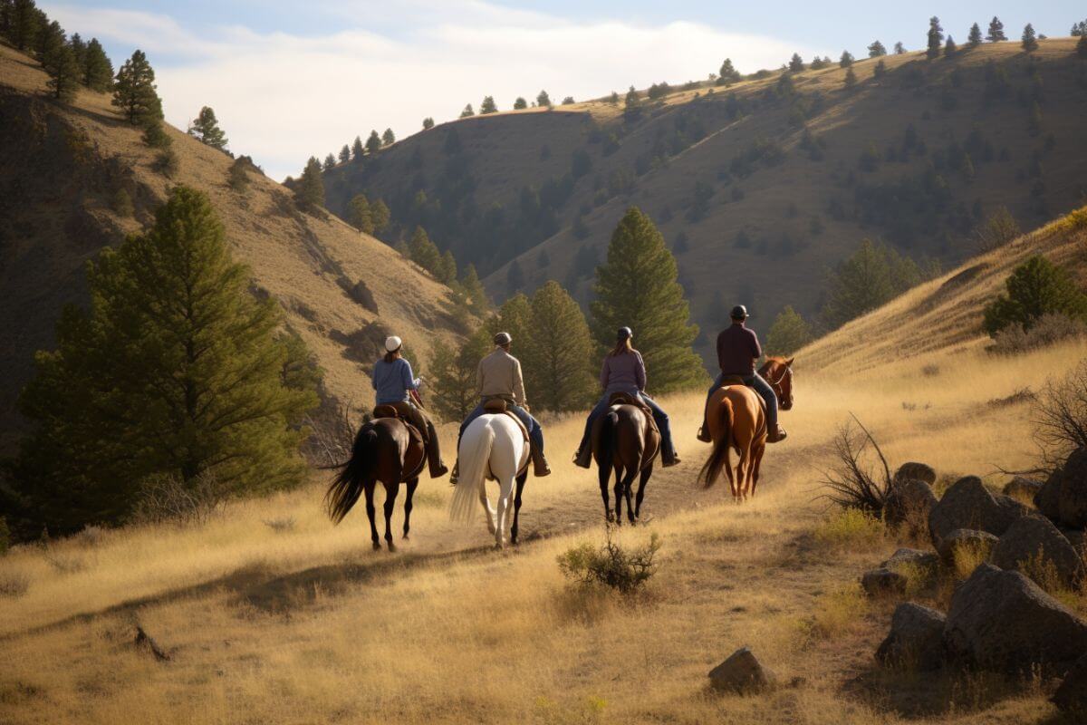Four people riding horses on a hillside at a ranch in Montana.