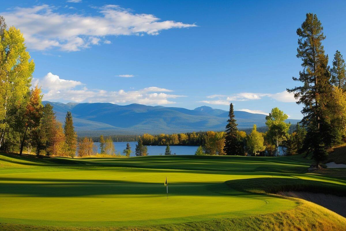 A golf course featuring a lake and mountains as its backdrop at Whitefish Lake Golf Club, Montana.