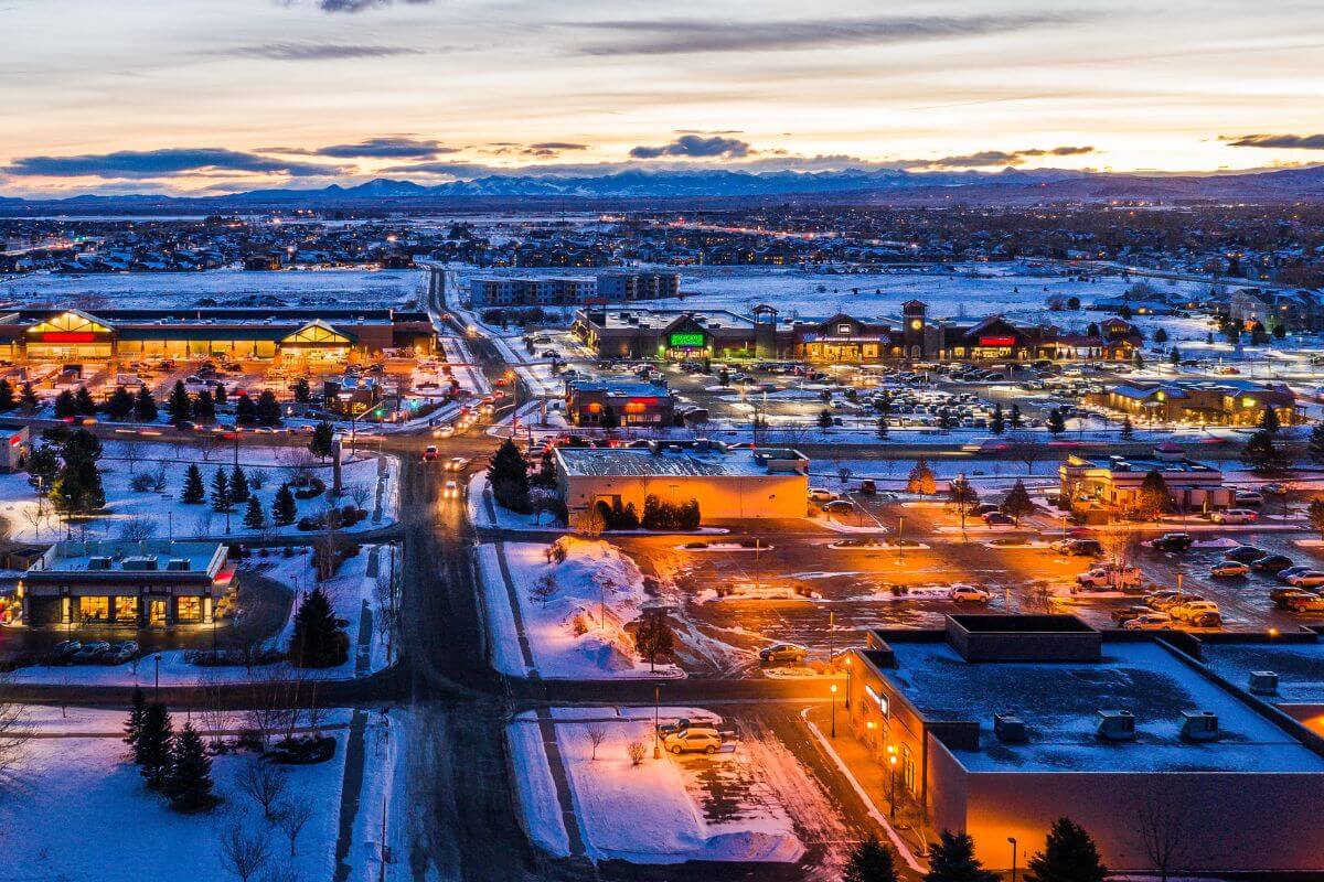An aerial view of a city in Montana at dusk.