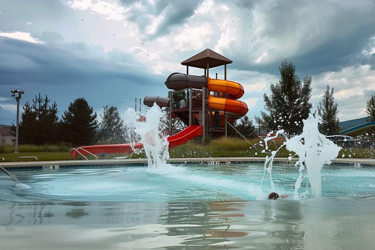 A towering water slide and a lively pool adorned with cascading water, as seen in in one of Montana's premier amusement parks.