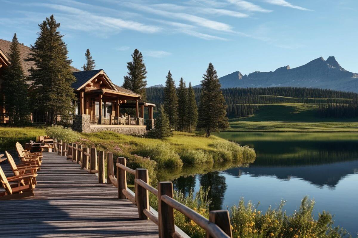 A wooden boardwalk leads to a serene lake nestled in Montana's breathtaking mountains.