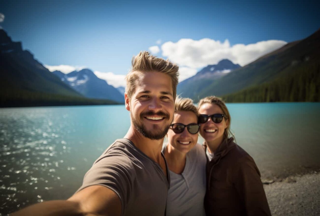 Three friends taking a selfie with a scenic Montana mountain lake in the background.