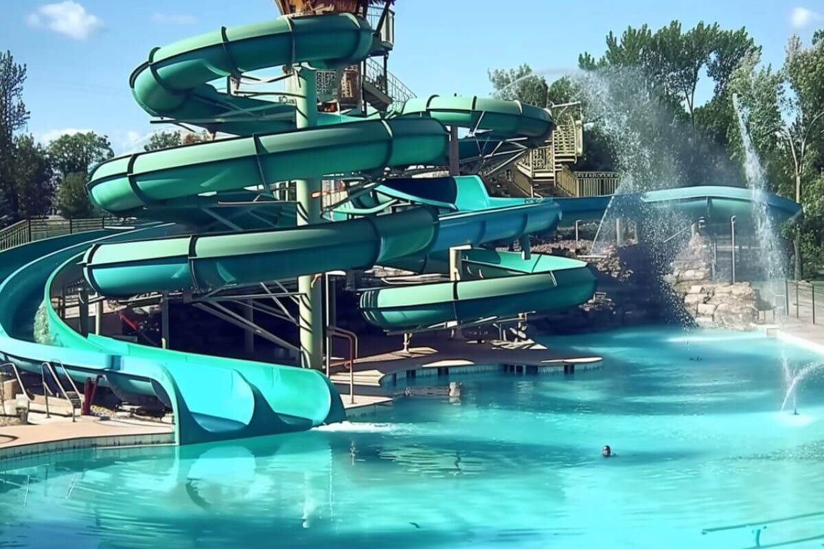 A grand water slide surrounded with water fountains as seen in Montana's Electric City Waterpark.