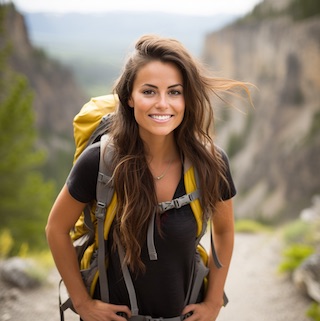 A young woman hiking in the mountains with a backpack in Pocket Montana.
