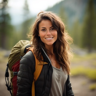 A young woman with a backpack smiling in the mountains.