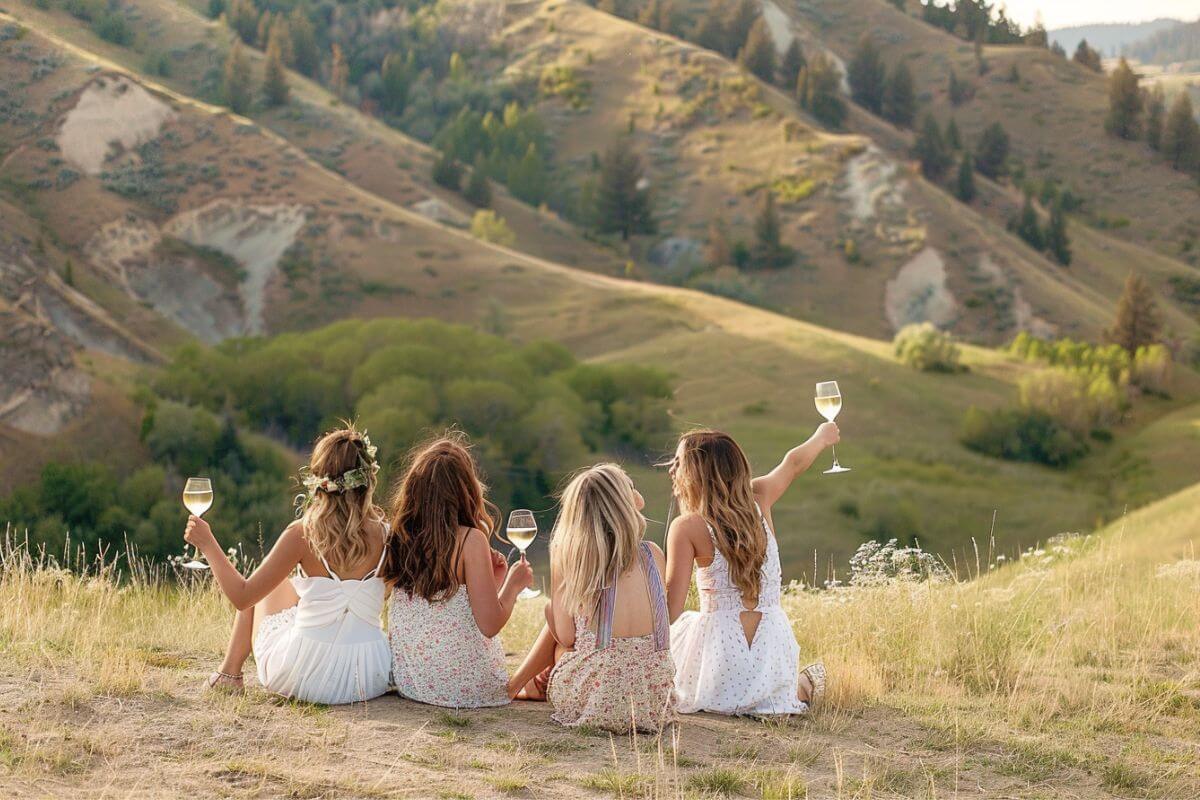 Four women sit atop a hill, each holding a wine glass, savoring a Montana bachelorette party.