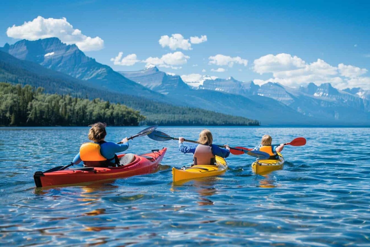 Three people kayaking on a calm lake with mountains in the background, enjoying one of Montana Private Tours' exclusive experiences.