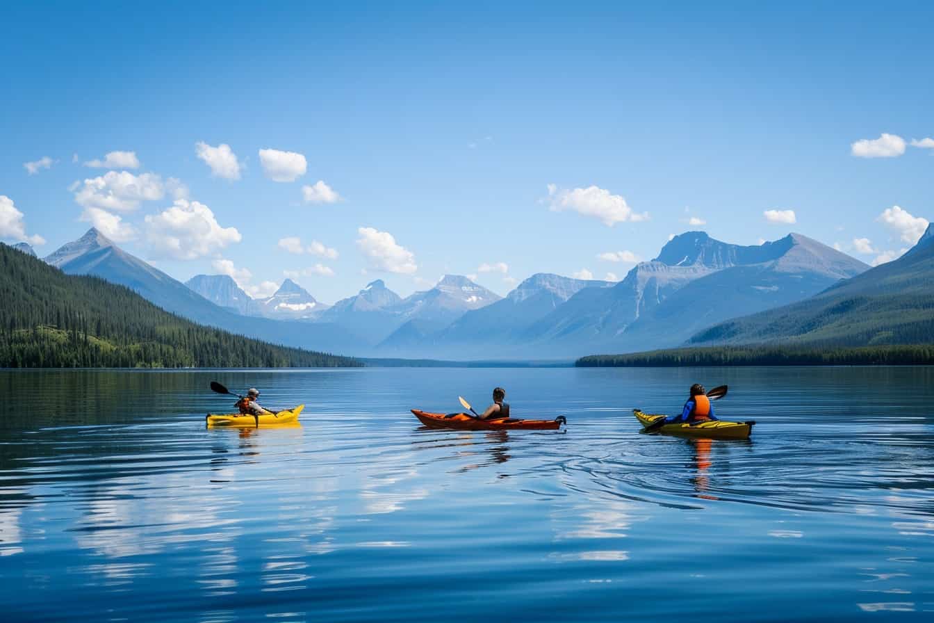 Three people kayaking on a serene mountain lake in Pocket Montana.