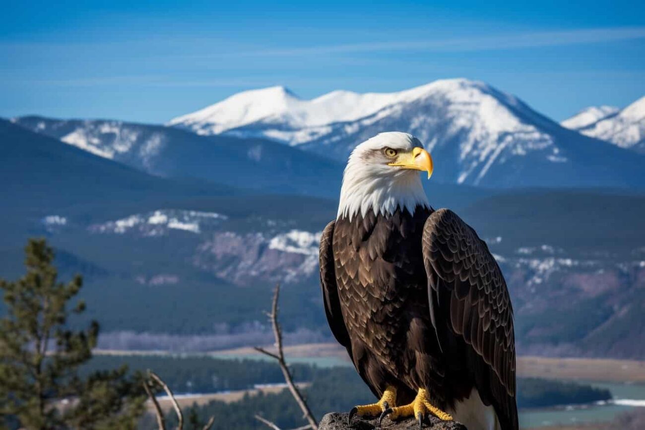 A bald eagle perches on a rock with mountains in the background, capturing the essence of Montana.