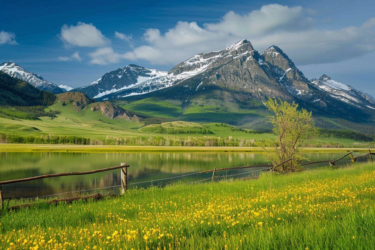 A field with yellow flowers and mountains in the background in Montana.