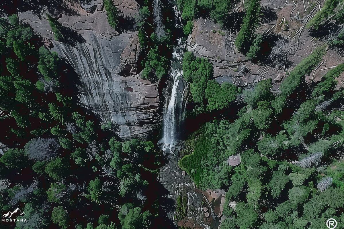 An aerial view of Mud Creek Waterfall plunging down a cliff, surrounded by dense green forests in rugged terrain.