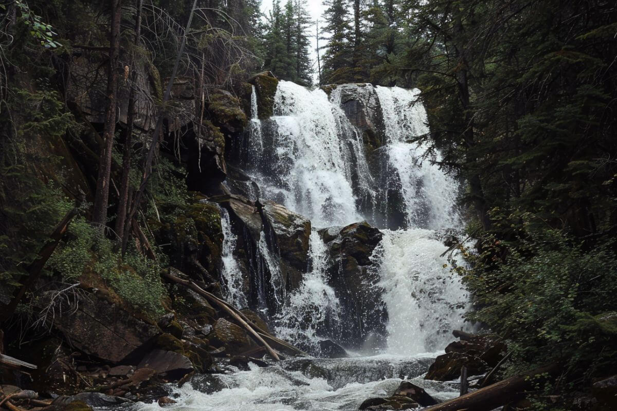 Water cascades over the rugged cliffs of Passage Waterfall, surrounded by thick forests and strewn logs.