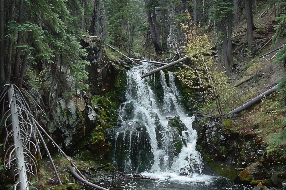 Pintler waterfall in Montana flows down a rocky crevice, surrounded by evergreens and fallen logs in a dense forest.