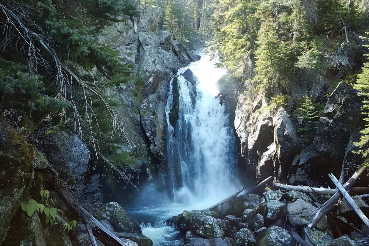 Pioneer Waterfall flows through rocky terrain amid dense vegetation in Montana, with sunlight filtering through branches.