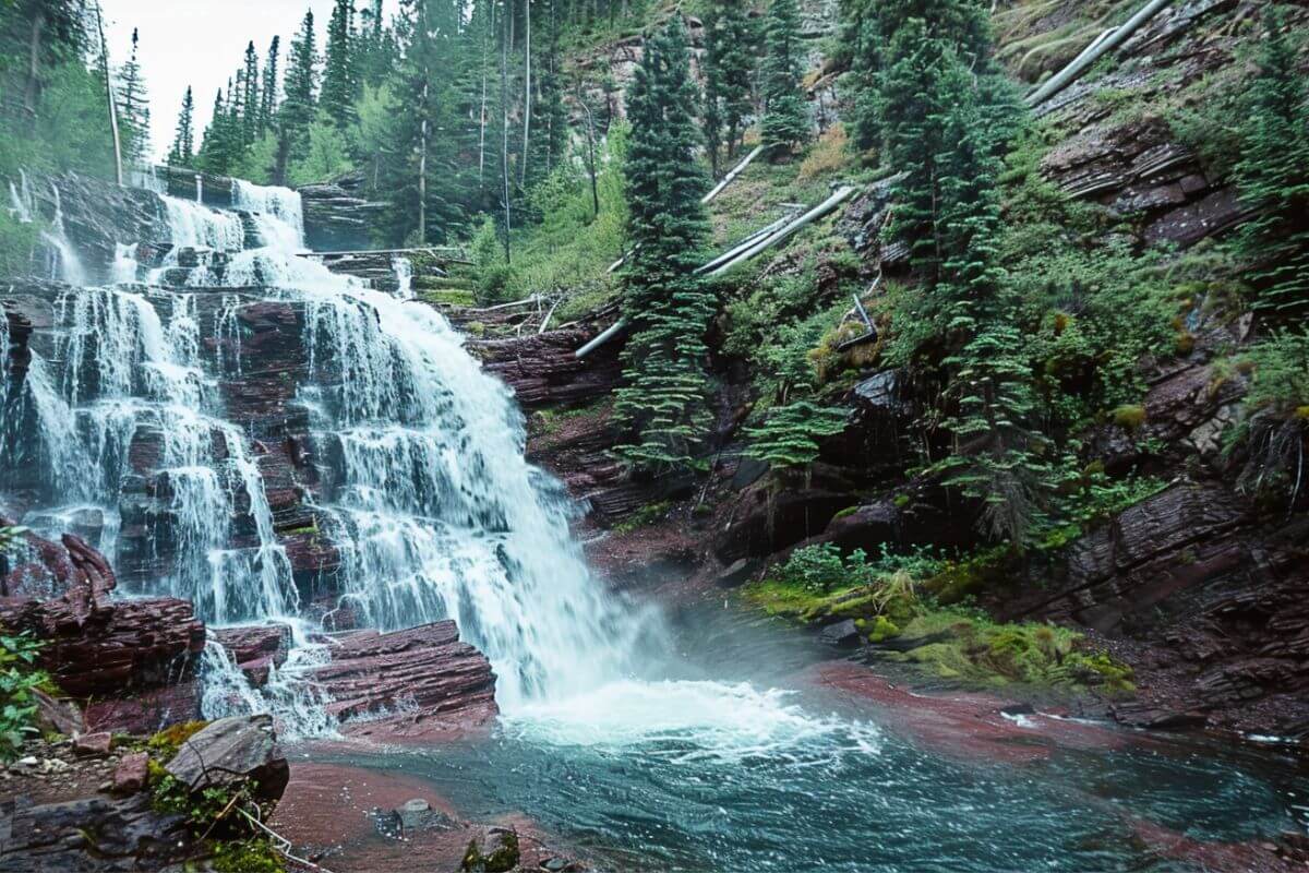 Ptarmigan waterfall cascades over layered red rocks surrounded by dense green foliage in a lush forest in Montana.