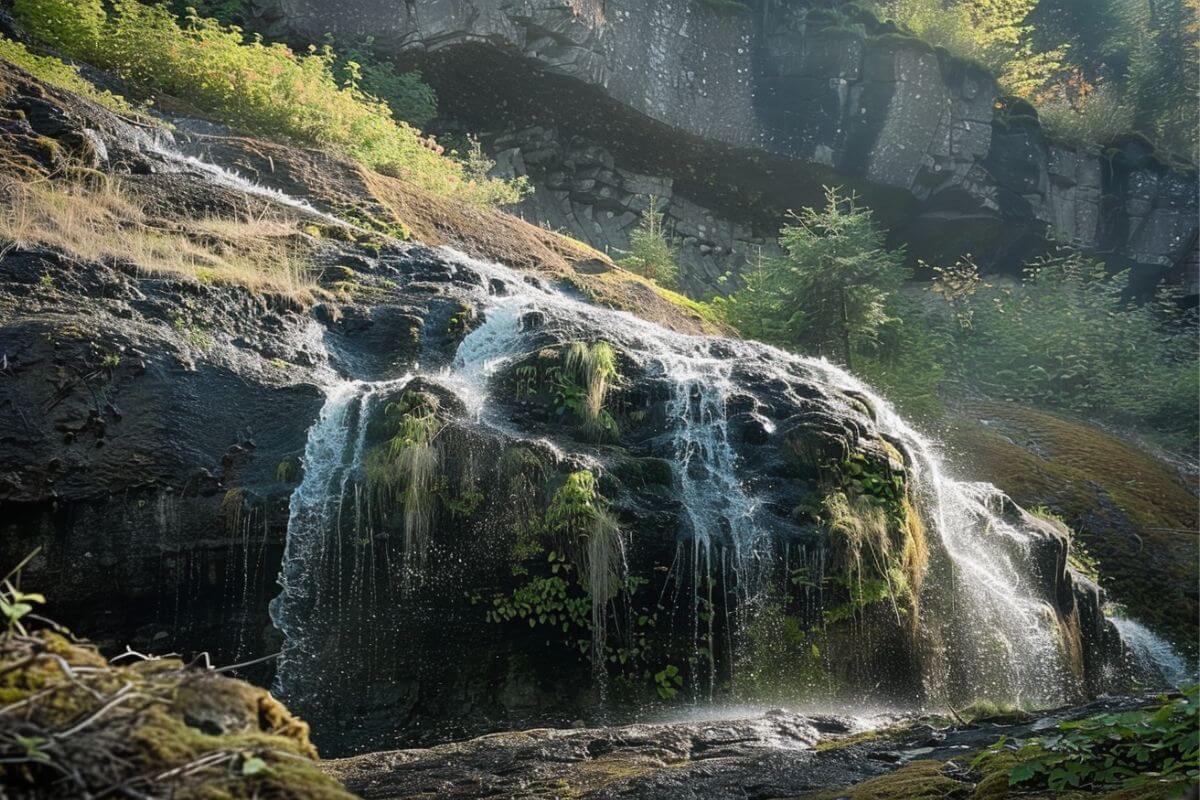 The water of Silken Sekin falls flows smoothly down a rocky cliff covered in moss in Montana. The sunlight shines through the trees, lighting up the mist, and making a peaceful, pretty sight.