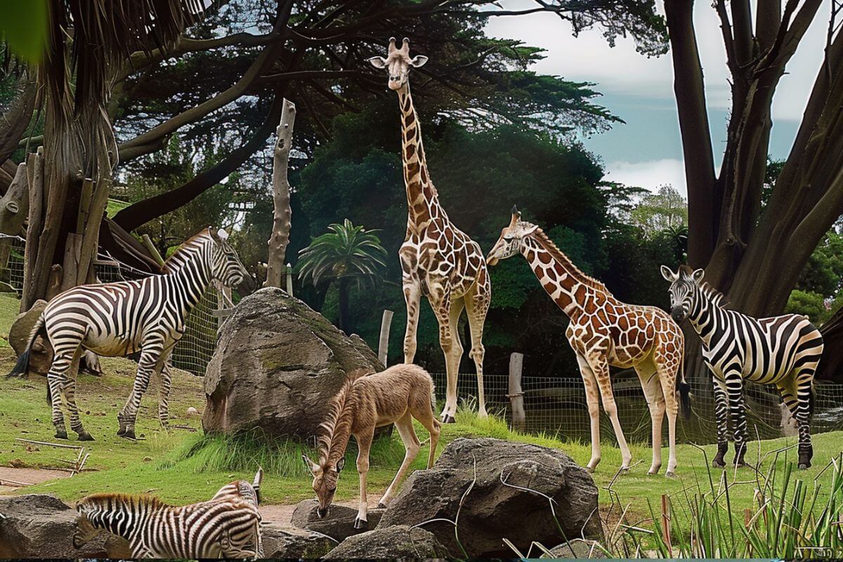 A group of giraffes and zebras in ZooMontana.